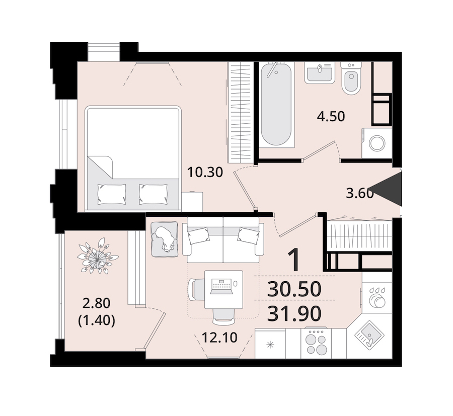 1-комнатная квартира 31.9 м², 12/13 эт., ЖК «Тайм Сквер»